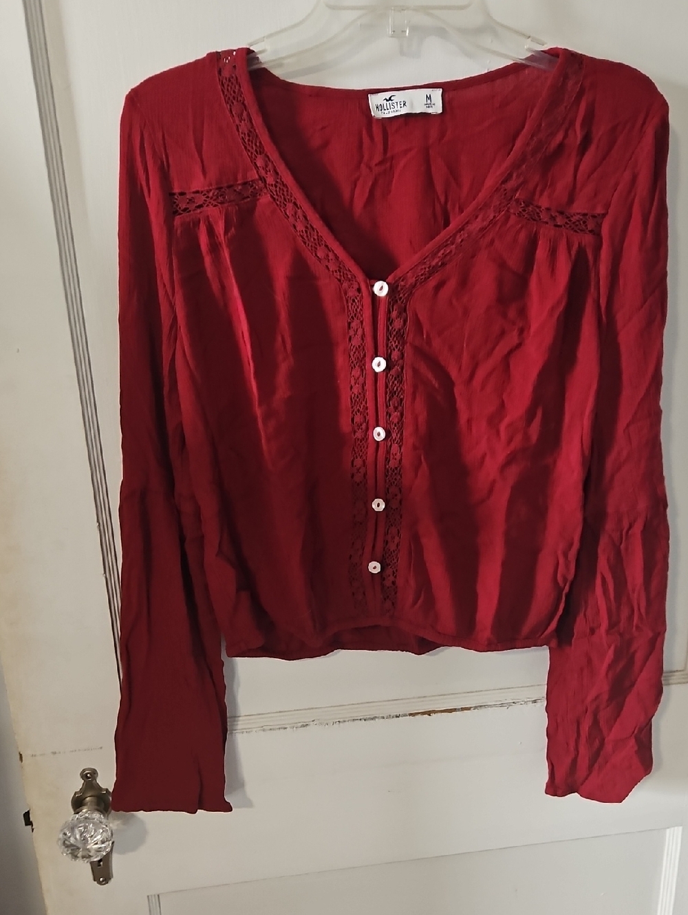 Hollister Deep Red V-Neck Button Crochet-Trim Blouse